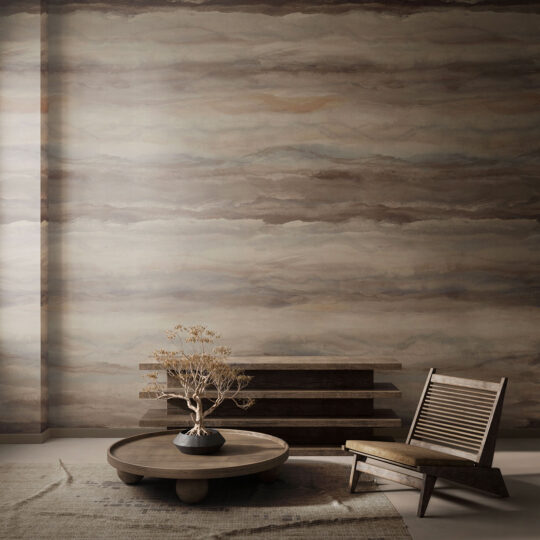 Stira's Hand depicts a body of alluring mythical landscapes across a series of large-scale wallcoverings, encompassing the three elements — Land, Sky, and Sea.